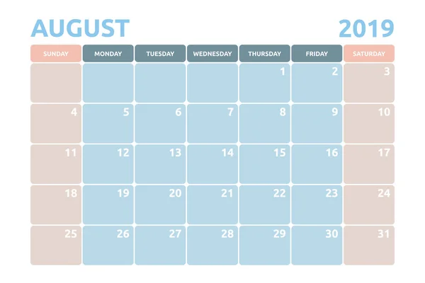 Design Calendário Mínimo Para Agosto 2019 Com Espaço Cópia Para — Vetor de Stock