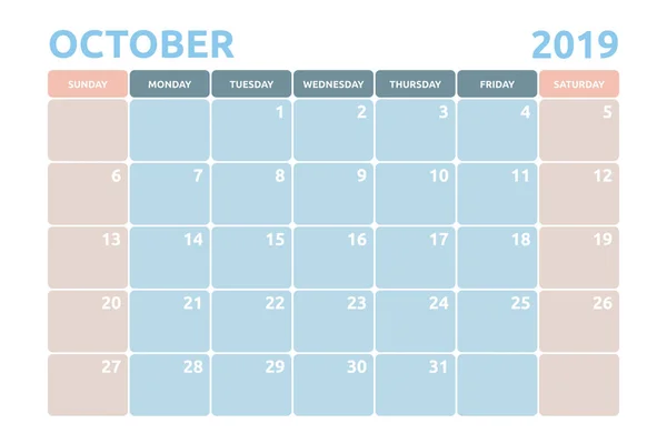 Design Calendário Mínimo Para Outubro 2019 Com Espaço Cópia Para —  Vetores de Stock