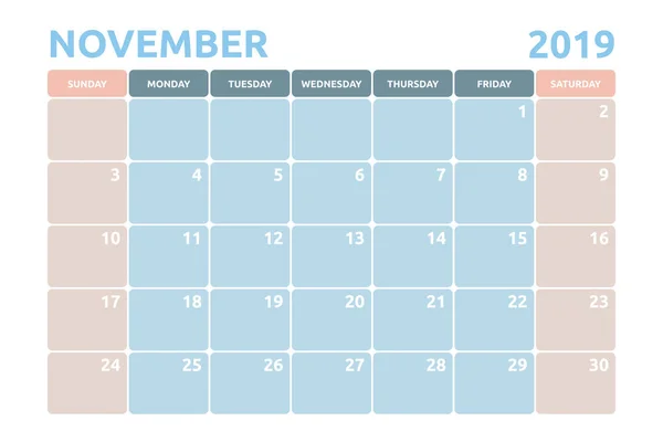 Design Calendário Mínimo Para Novembro 2019 Com Espaço Cópia Para — Vetor de Stock