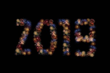 Havai fişek yeni yıl 2019 reklam siyah arka plan üzerine oluşturan renk. Kutlamalar ve mutlu yeni yıl arka plan kavramı için fotoğraf tasarım.