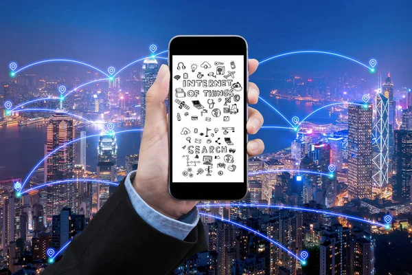 Üzleti Nık Intelligens Város Kapcsolata Smartphone Intelligens Város Kommunikációs Hálózaton — Stock Fotó