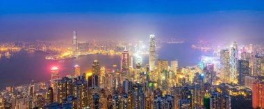 Hong Kong şehir merkezinin ünlü Cityscape manzaralı manzarası