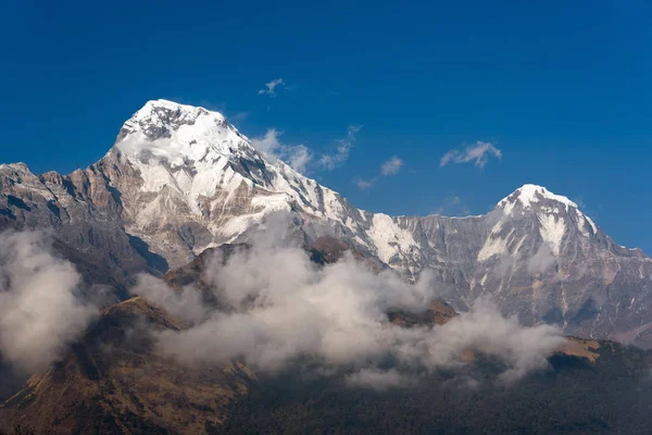 Vrchol Annapurny na jihu s modrými nebeskými pozadí v Nepálu — Stock fotografie
