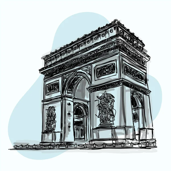 프랑스 파리에 있는 Arc de Triomphe 의 세계적으로 유명 한 랜드마크를 손으로 스케치하는 모습 — 스톡 벡터