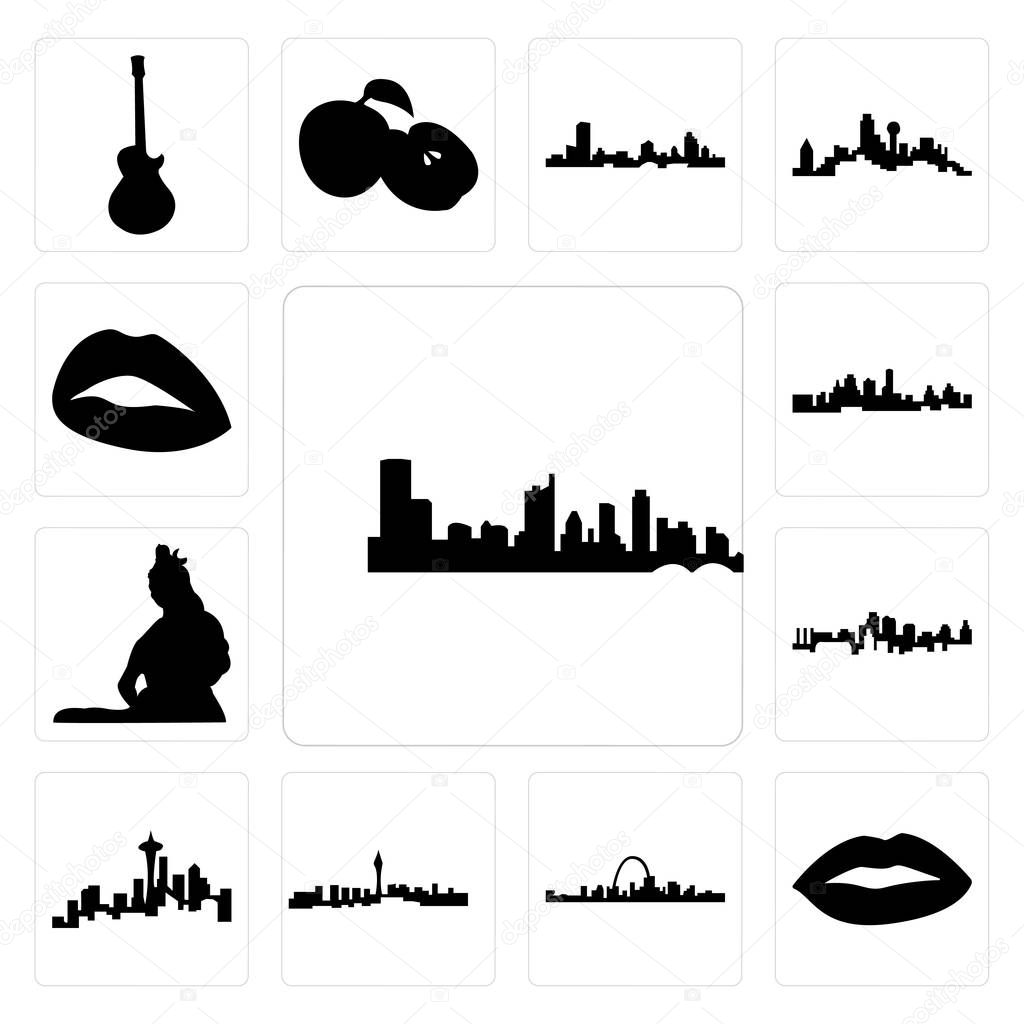 Set Of 13 simple editable icons such as austin skyline, lips, st louis las vegas seattle skyline on white background, , kansas city can be used for mobile, web UI