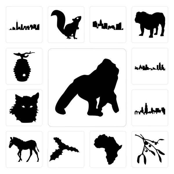 Satz Von Einfach Editierbaren Symbolen Wie Gorilla Mistelkontur Auf Weißem — Stockvektor