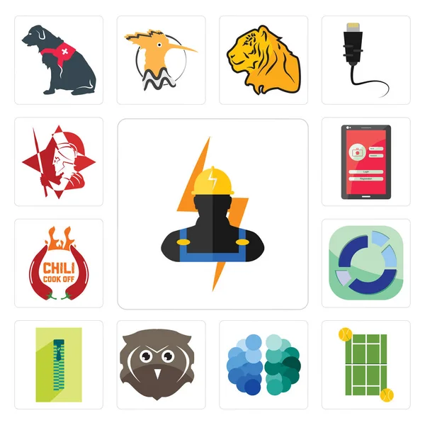 Set Simple Editable Icons Electrician Tennis Court Free Brain Owl Royalty Free Stock Illustrations