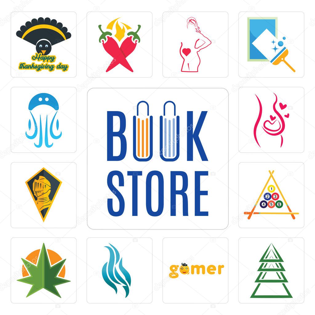 Set Of 13 simple editable icons such as book store, ever tree, gamer, flame, weed leaf, billiard, knight head, pregnancy, jellyfish can be used for mobile, web UI