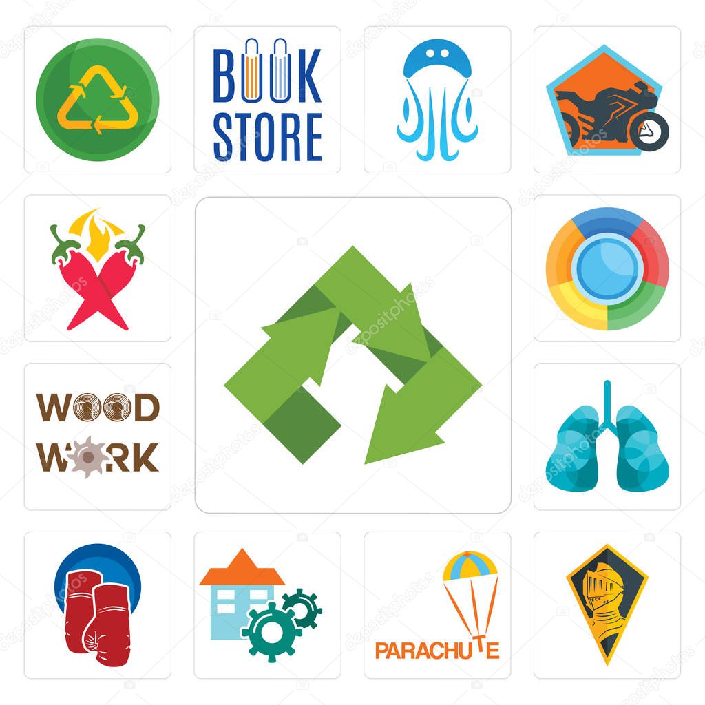 Set Of 13 simple editable icons such as recycle, knight head, parachute, facility, boxing gloves, lungs, woodwork, , chili pepper can be used for mobile, web UI