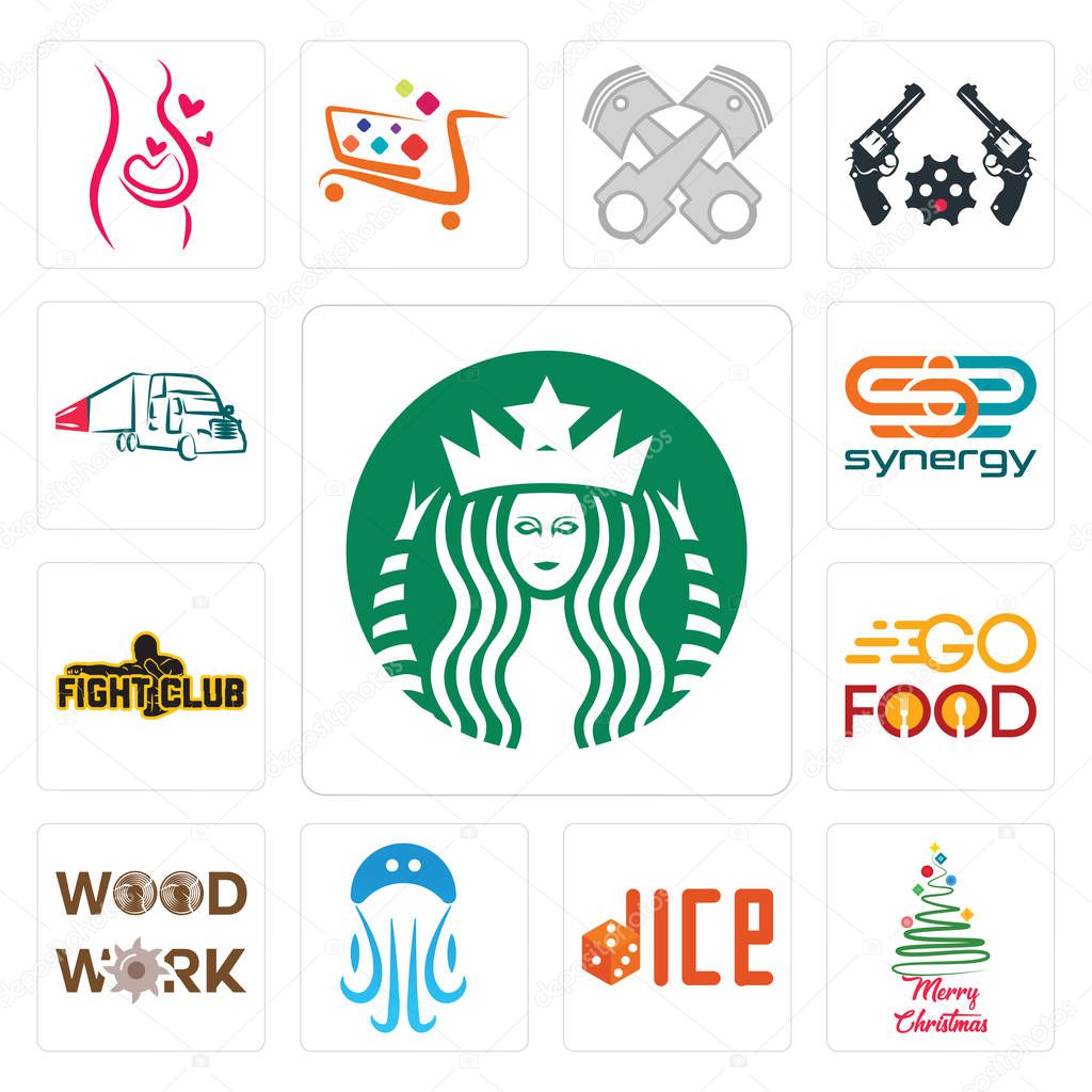 Set Of 13 simple editable icons such as starbucks, merry christmas, dice, jellyfish, woodwork, go food, fight club, synergy, truck company can be used for mobile, web UI