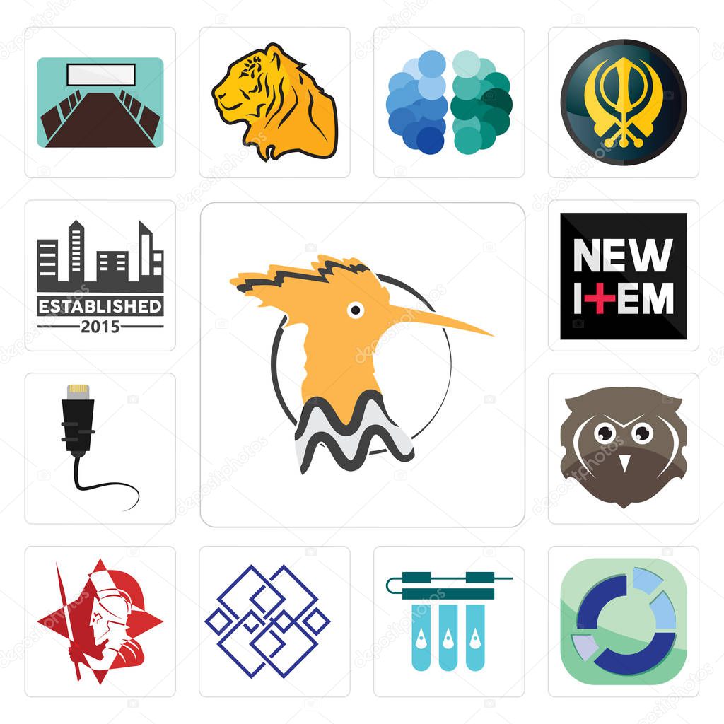 Set Of 13 simple editable icons such as hoopoe, sector, water filter, generic, spartan, free owl, ethernet, new item, established can be used for mobile, web UI