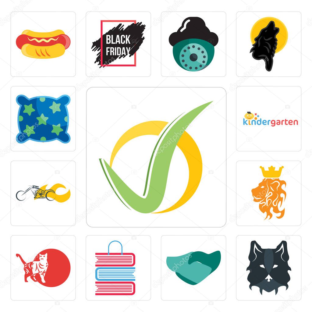 Set Of 13 simple editable icons such as checkmark, wolf face, hand shaking, book shop, cat, royal lion, chopper, kindergarten, pillow can be used for mobile, web UI