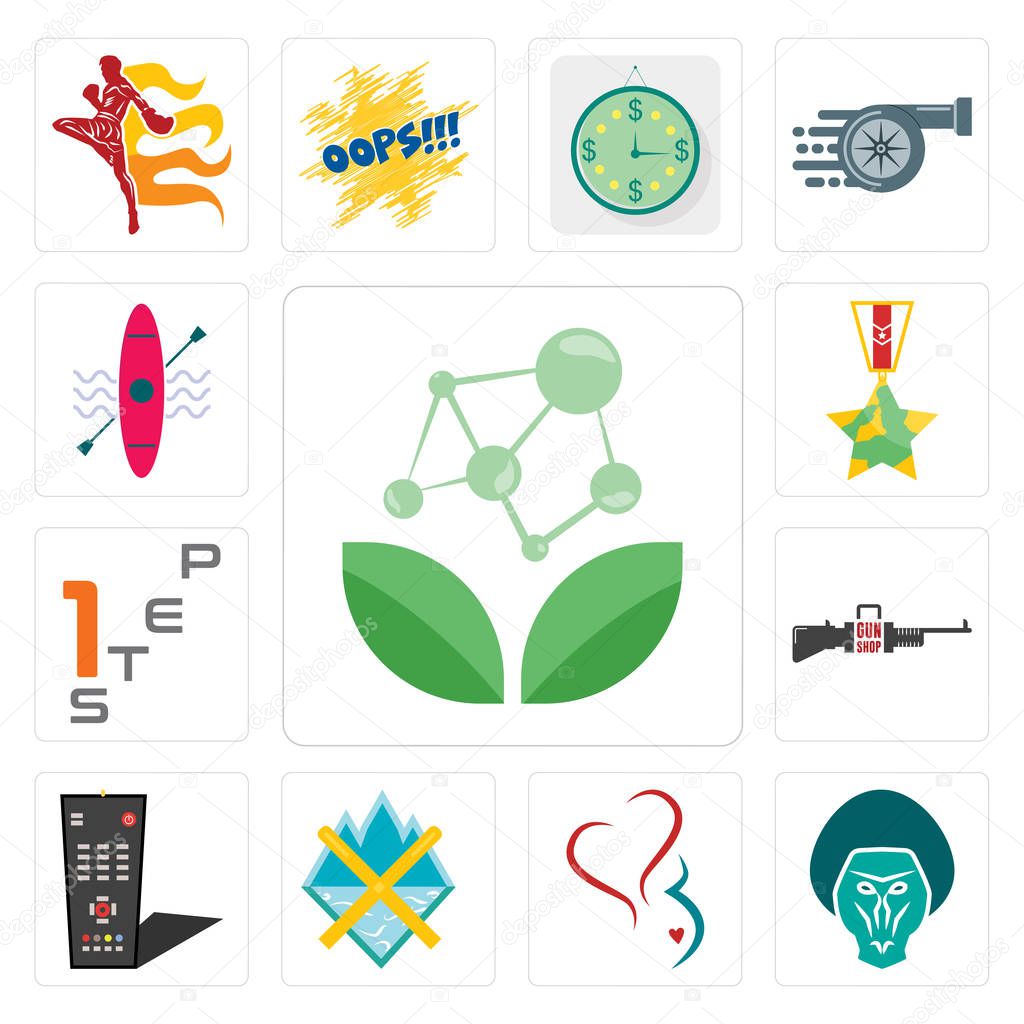 Set Of 13 simple editable icons such as antioxidant, baboon, gynecology, crossed skis, tv remote, gun shop, step 1, veteran, kayak can be used for mobile, web UI