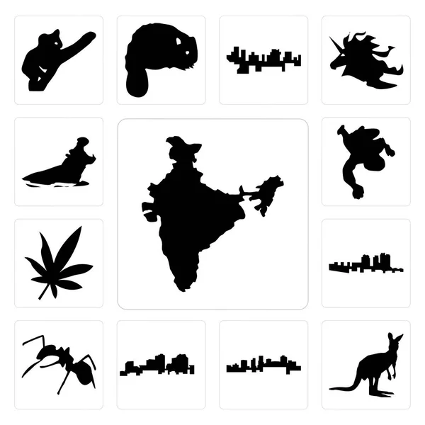 Conjunto Iconos Editables Simples Como India Contorno Canguro Sobre Fondo — Archivo Imágenes Vectoriales