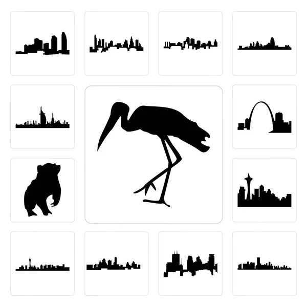 Satz Von Einfachen Editierbaren Symbole Wie Storch Florida Minneapolis Skyline — Stockvektor