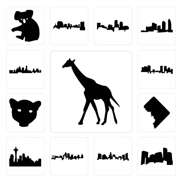 Set Von Einfach Editierbaren Symbolen Wie Giraffe Minnesota Charlotte Skyline — Stockvektor
