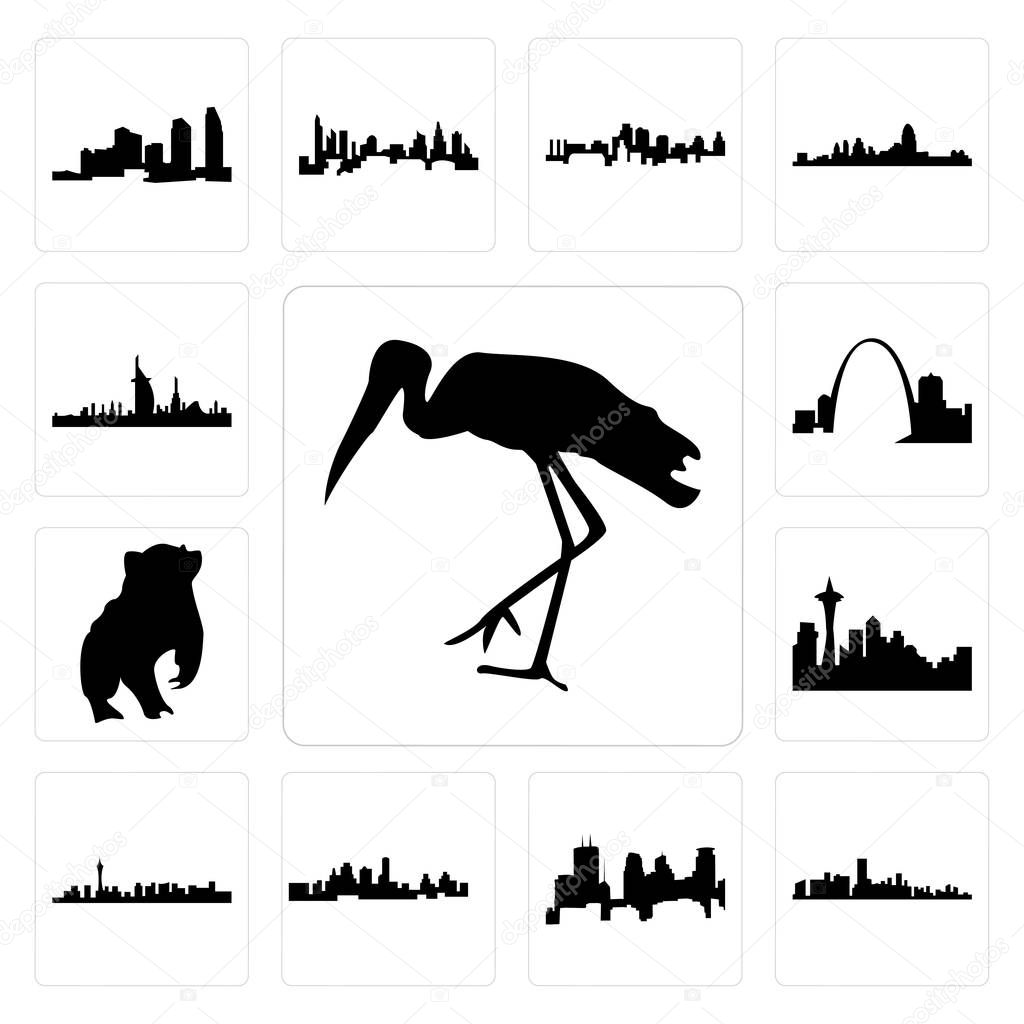 Set Of 13 simple editable icons such as stork, florida, minneapolis skyline on white background, , kansas city skyline, las vegas can be used for mobile, web UI