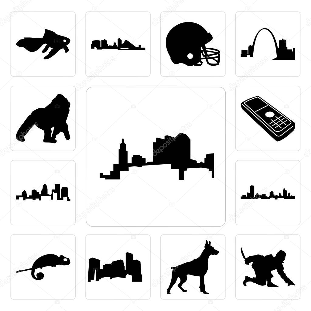 Set Of 13 simple editable icons such as ohio, ninja, doberman, minnesota, chameleon, wisconsin, kentucky state, cell phone, gorilla can be used for mobile, web UI