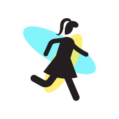 Simge vektör işareti ve üzerinde beyaz backg izole sembolü koşan kız