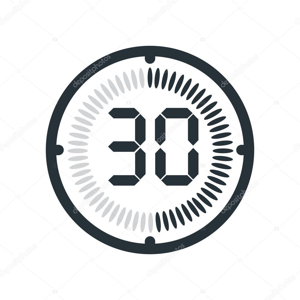 The 30 minutes icon isolated on white background, clock and watc