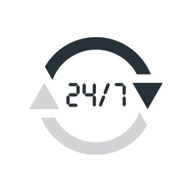 Beyaz arka plan, 24/7 destek ve se üzerinde izole 24/7 saat simgesini