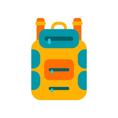 Simge vektör işareti ve üzerinde beyaz adam izole sembolü sırt çantası