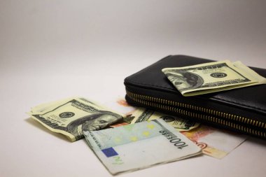 Beyaz arka planda cüzdan ile Dolar ve Euro