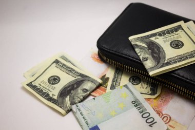 Beyaz arka planda cüzdan ile Dolar ve Euro