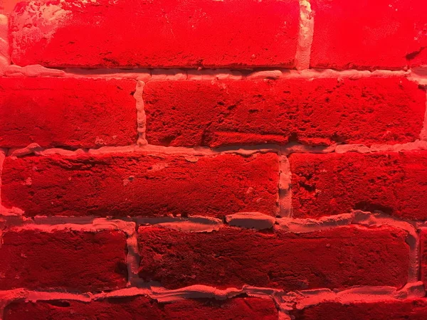 Neon lambalar tarafından arkadan aydınlatmalı eski tuğla duvar