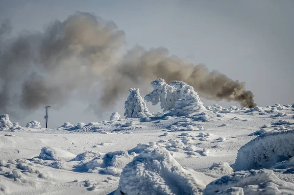 Smoke of an invisible steam train behind a winter landscape