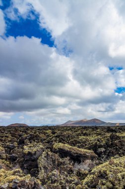 Volkanlar arka plan, Kanarya Adaları, İspanya ile Lanzarote bir lav alanın üzerinde göster