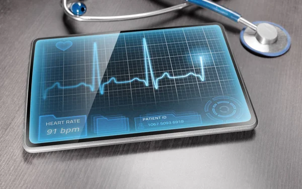 Tablet Médico Mesa Madeira Exibindo Gravação Ecg — Fotografia de Stock