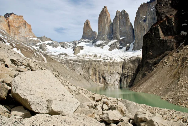 Torres del Paine and lagoon Stock Photo