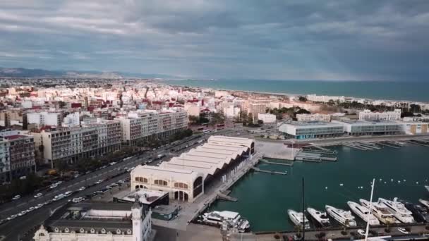 Spanyolország, Valencia légi fényképezés, a madár-szem kilátás-ból kikötő, vitorlás, Yachtok, bay — Stock videók