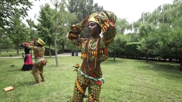 Afrikalı kadınlar geleneksel kostümler ve şarkı bir halk dansları dans — Stok video