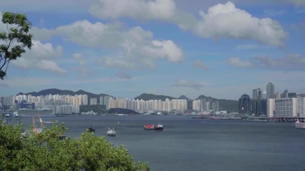 Time-lapse schepen en varen gaan langs de rivier tegen de achtergrond van de stad — Stockvideo
