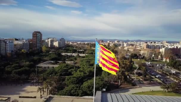 Bandera de Valencia en el fondo de la ciudad — Vídeos de Stock