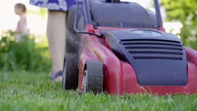 Genç kadın, çim biçme makinesi ile onun owm ev bahçesinde yeşil çim kesme. 4k