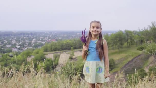 Маленькая девочка счастлива, что взобралась на холм — стоковое видео