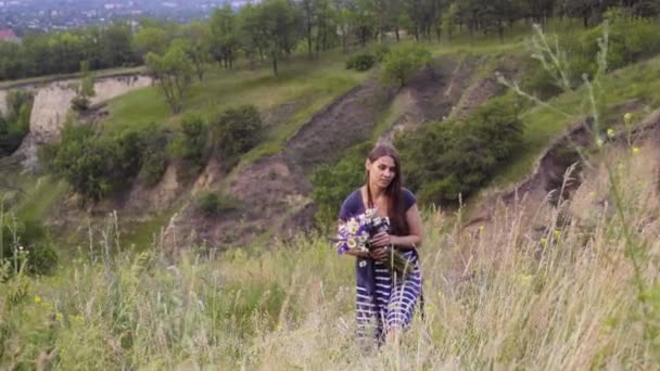 Ung flicka klättrar kullen och samlar in en bukett vildblommor — Stockvideo