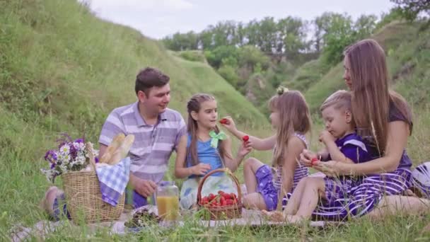 Glückliche europäische Familie erholt sich in der Natur — Stockvideo