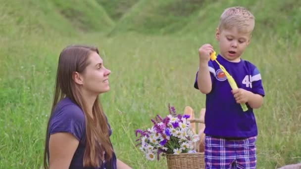 Junge fröhliche Mutter hat Spaß mit Sohn auf dem Picknick — Stockvideo