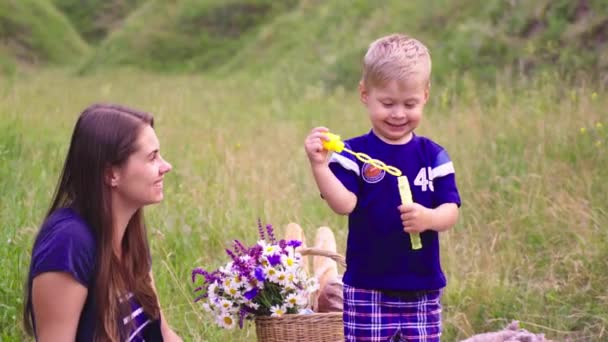 Ung glad mamma ha kul med son på picknick — Stockvideo