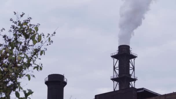 A big stovepipe smokes on the mining and processing plant — Stock Video