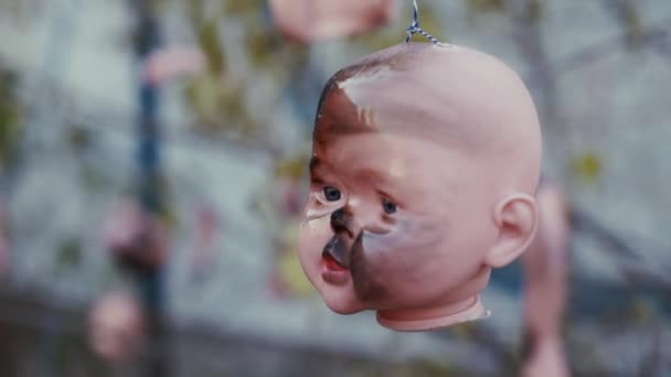 Голови жахів та інші частини ляльок висять на деревах — стокове відео