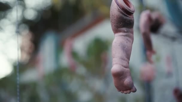 Головы ужаса и другие части кукол висят на деревьях — стоковое видео