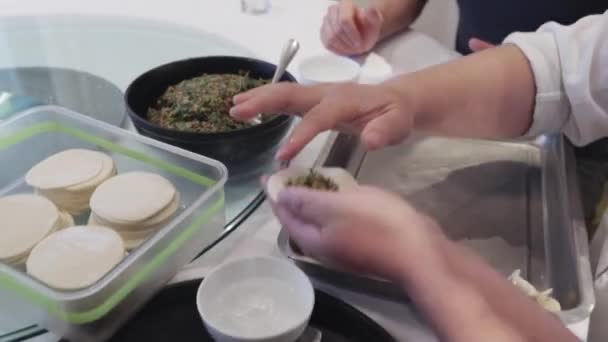 Технология приготовления китайских пельменей со шпинатом ручной работы — стоковое видео