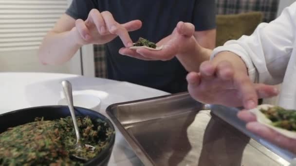 Tecnologia de preparar bolinhos chinesse com espinafre feito à mão — Vídeo de Stock