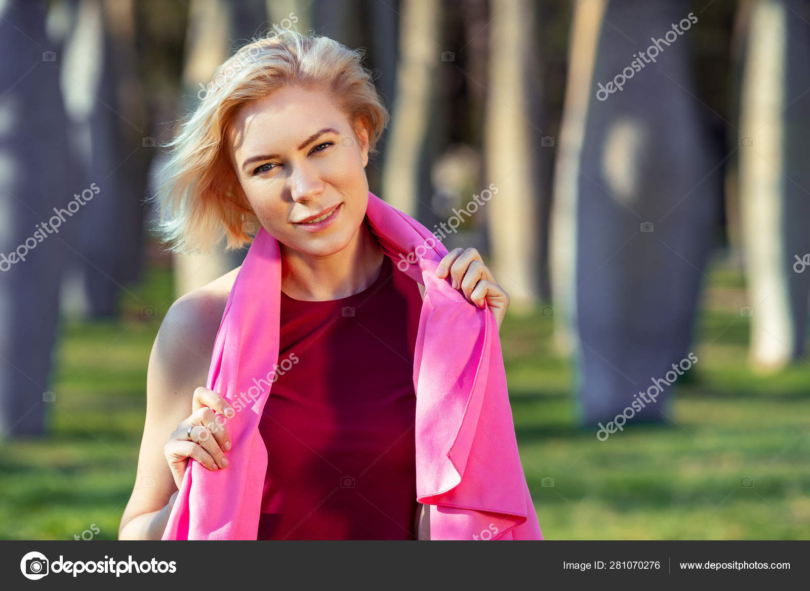 Beautiful People Fitness Woman Short Blonde Hair Sits Smile Park