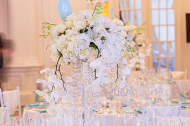 Beyaz orkide ve gül uzun dalları ile cam vazolar yemek masalarında standı